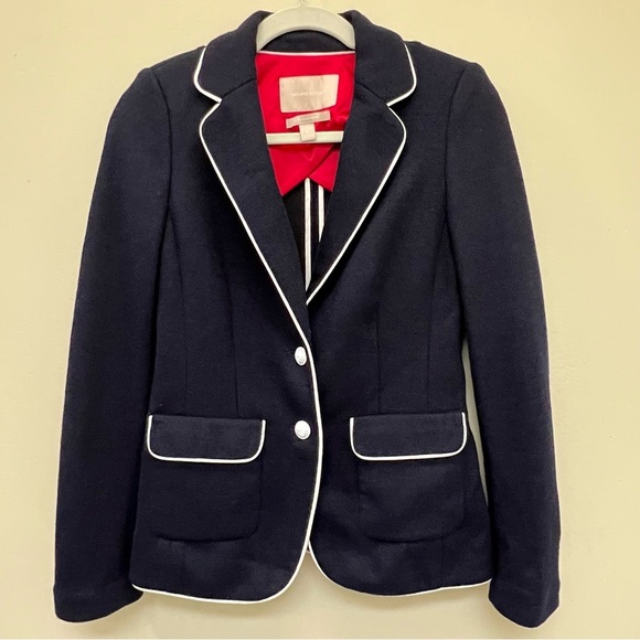 Banana Republic Navy Wool White Piped Schoolboy Sweater Blazer Size 0 - Picture 1 of 15